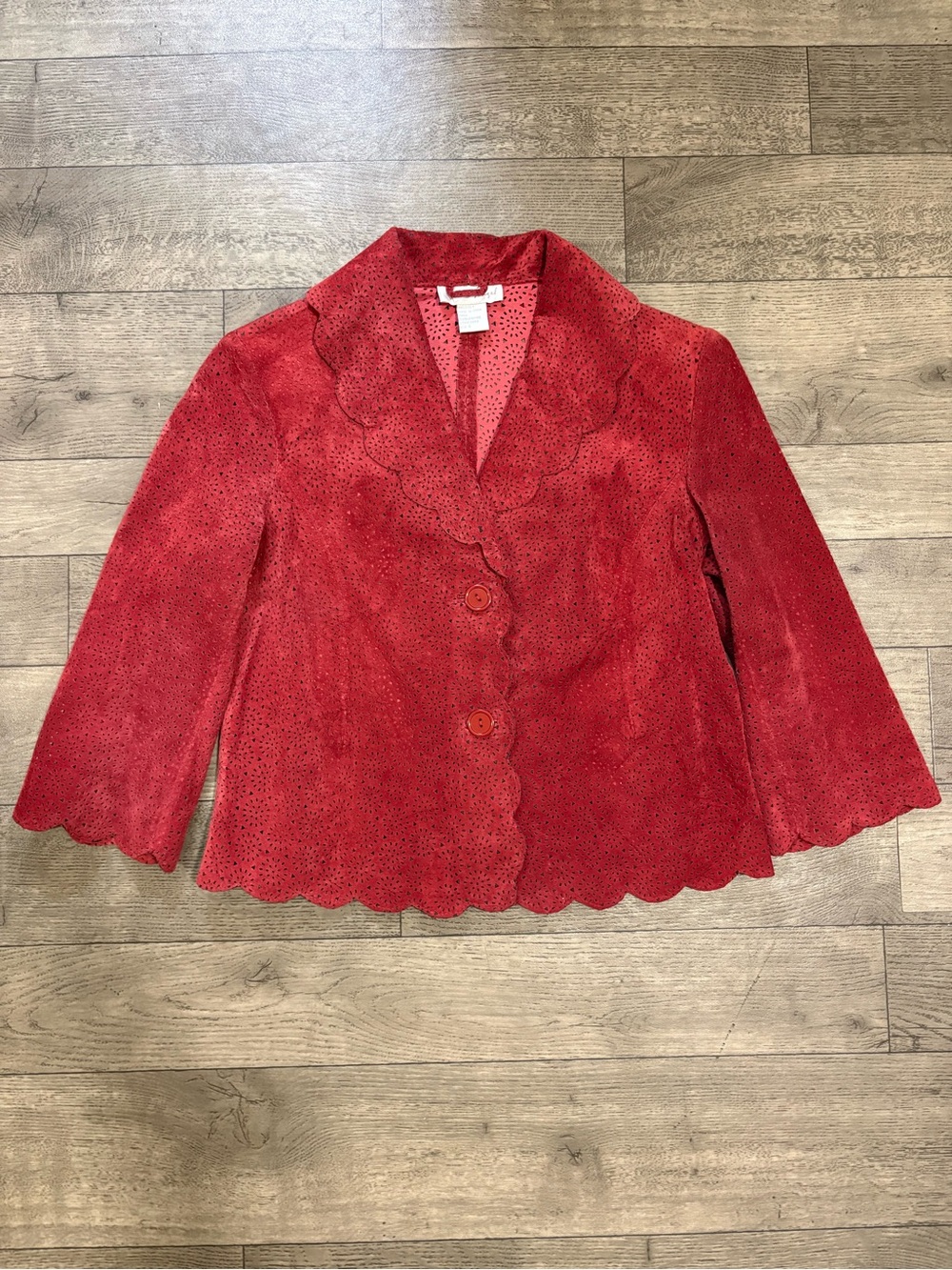 Vintage 90’s Spiegel Red Scalloped-Edge Perforated 100% Suede Leather Jacket